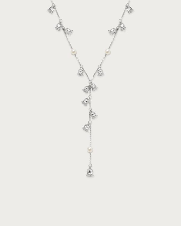 Lily of the Valley Pearl Lariat Necklace in Silver