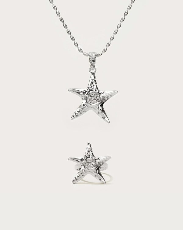 Starfish Necklace & Ring Set in Silver